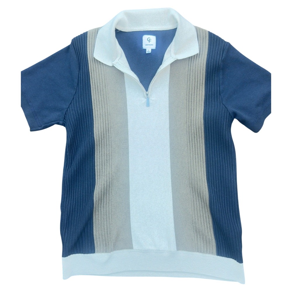 Craft + Flow Knit Polo Shirt Mens Large Navy Tan Striped Quarter Zip Good